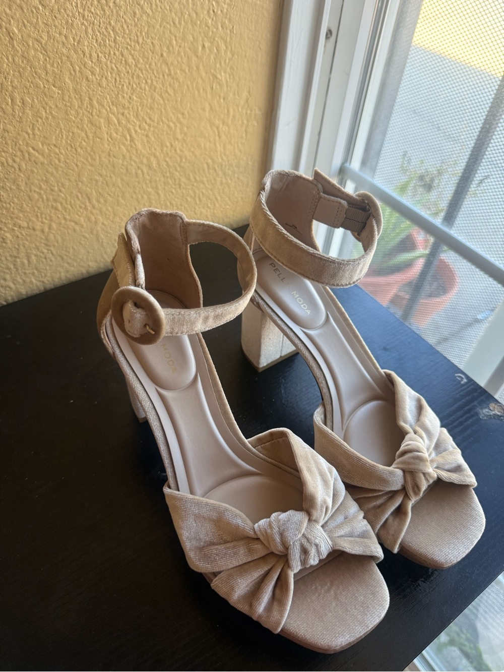 Pelle Moda Nude Knot Front Ankle Strap Block Heels